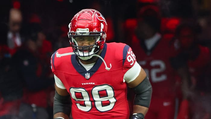 Nov 26, 2023; Houston, Texas, USA; Houston Texans defensive tackle Sheldon Rankins (98) is introduced before playing against the Jacksonville Jaguars at NRG Stadium. Mandatory Credit: Thomas Shea-USA TODAY Sports